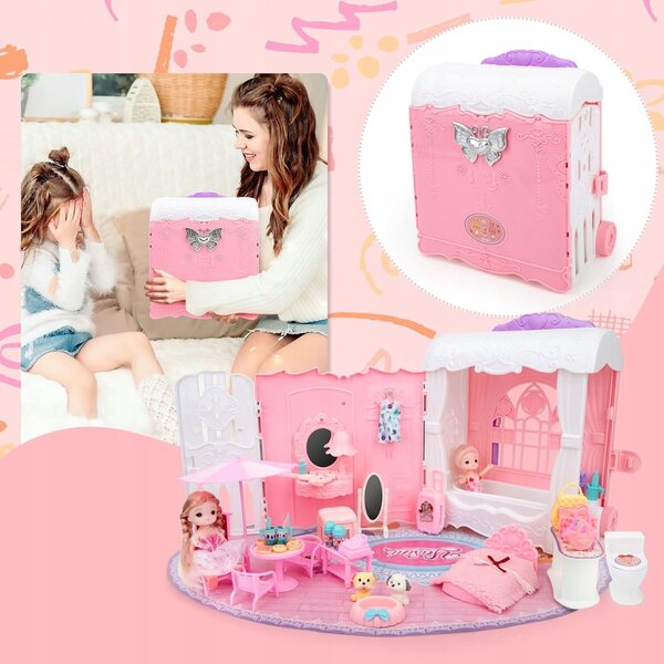Cottage per bambole portatile rosa con 34 accessori e mobili inclusi