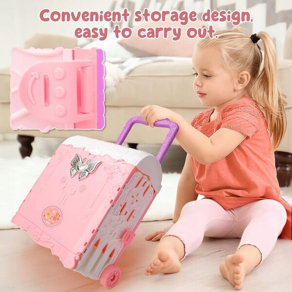 Cottage per bambole portatile rosa con 34 accessori e mobili inclusi