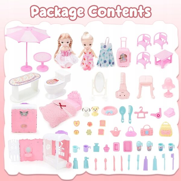 Cottage per bambole portatile rosa con 34 accessori e mobili inclusi
