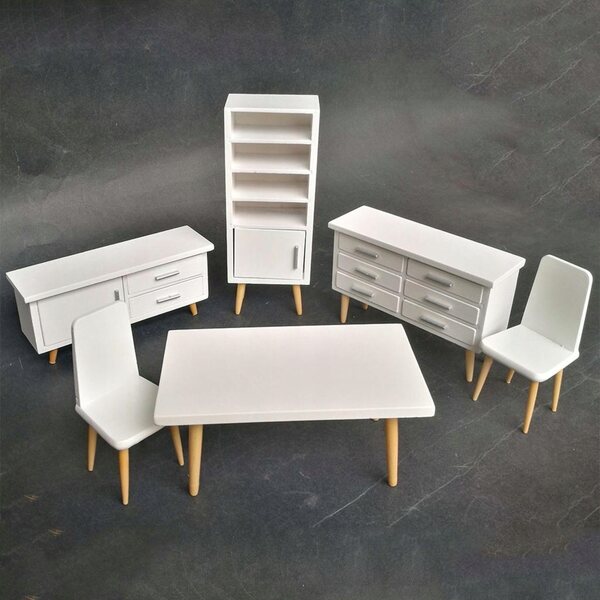 Set mobili in legno per casa delle bambole 1:12 con tavolo, sedie e armadietti bianchi