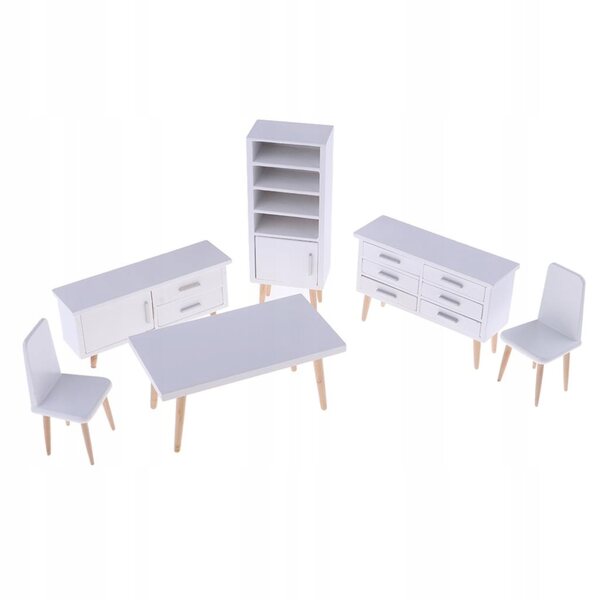 Set mobili in legno per casa delle bambole 1:12 con tavolo, sedie e armadietti bianchi