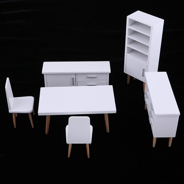 Set mobili in legno per casa delle bambole 1:12 con tavolo, sedie e armadietti bianchi