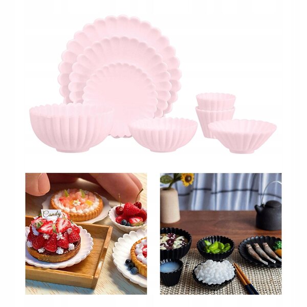 1:6 Miniatur-Küchenzubehör-Set für Puppenhäuser – Teller, Schüsseln, rosa Tassen