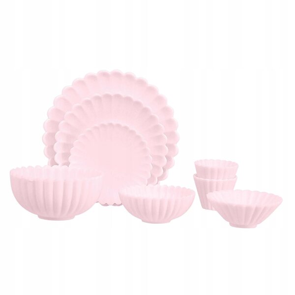 1:6 Miniatur-Küchenzubehör-Set für Puppenhäuser – Teller, Schüsseln, rosa Tassen