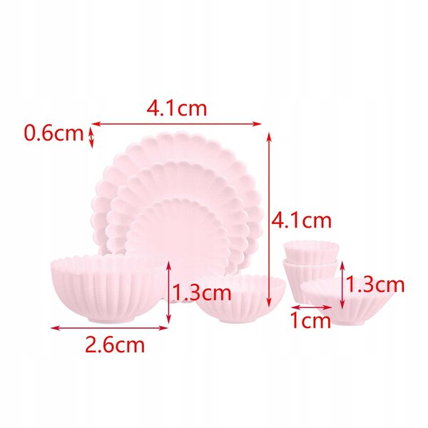 1:6 Miniatur-Küchenzubehör-Set für Puppenhäuser – Teller, Schüsseln, rosa Tassen