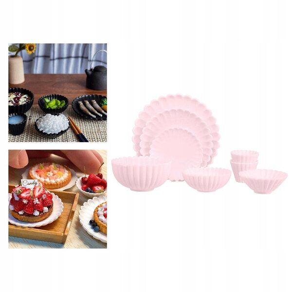 1:6 Miniatur-Küchenzubehör-Set für Puppenhäuser – Teller, Schüsseln, rosa Tassen