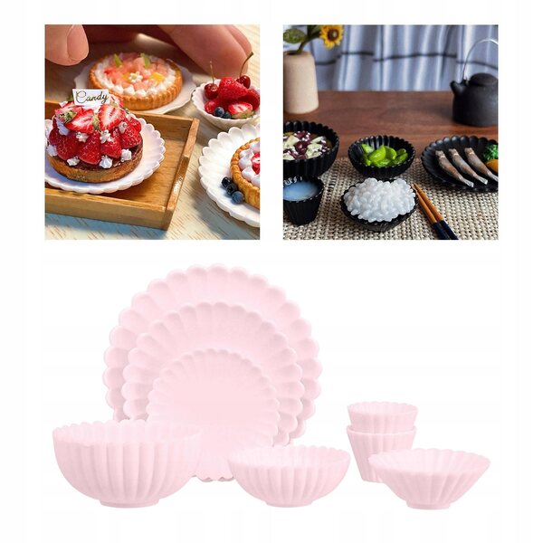 1:6 Miniatur-Küchenzubehör-Set für Puppenhäuser – Teller, Schüsseln, rosa Tassen