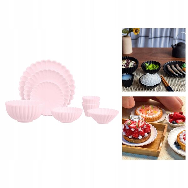 1:6 Miniatur-Küchenzubehör-Set für Puppenhäuser – Teller, Schüsseln, rosa Tassen