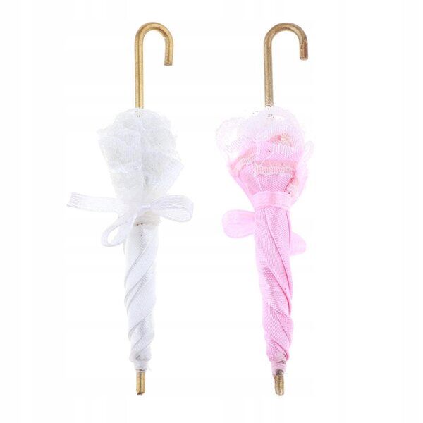 Parasol in pizzo rosa e bianco per casa delle bambole 1/12, 2 pezzi