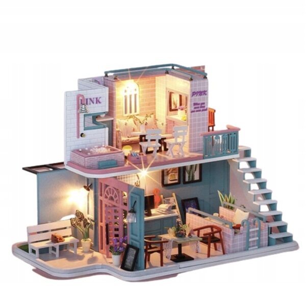 Casetta in legno con arredo fai da te Pink Cafe con illuminazione a LED 30x19x22 cm