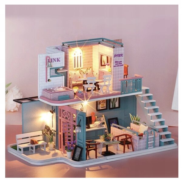Casetta in legno con arredo fai da te Pink Cafe con illuminazione a LED 30x19x22 cm