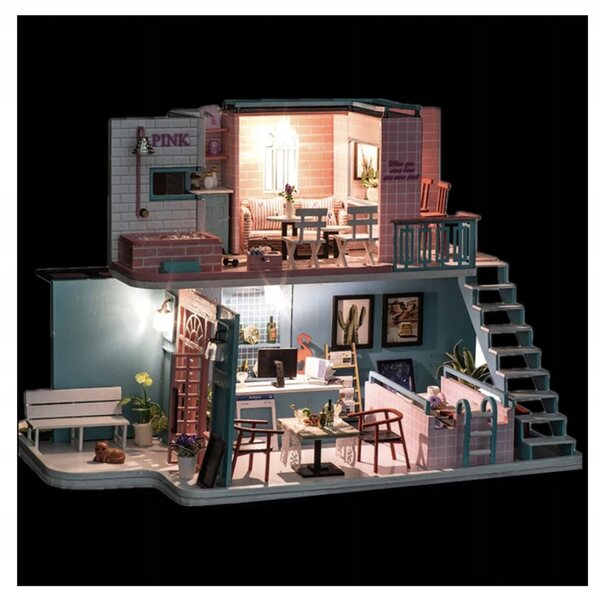 Casetta in legno con arredo fai da te Pink Cafe con illuminazione a LED 30x19x22 cm
