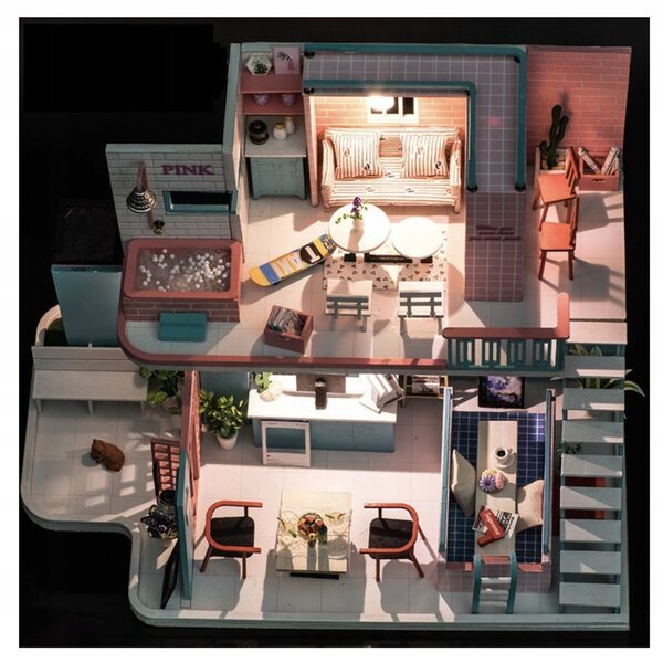 Casetta in legno con arredo fai da te Pink Cafe con illuminazione a LED 30x19x22 cm
