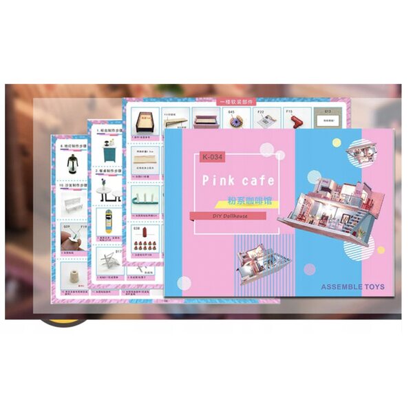 Casetta in legno con arredo fai da te Pink Cafe con illuminazione a LED 30x19x22 cm