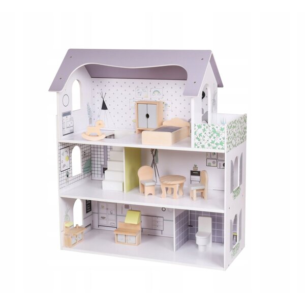 Dollhouse Montessori Baby Mix in Legno con 10 Accessori, Design Rosa Pastello