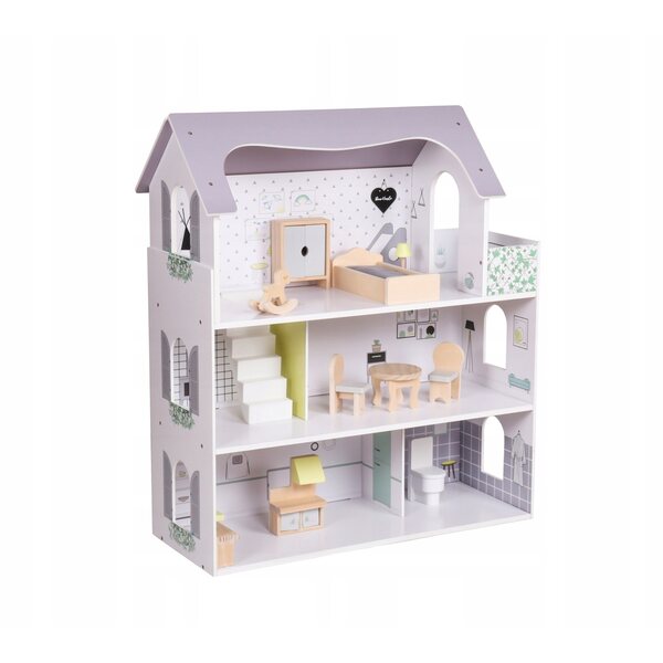 Dollhouse Montessori Baby Mix in Legno con 10 Accessori, Design Rosa Pastello