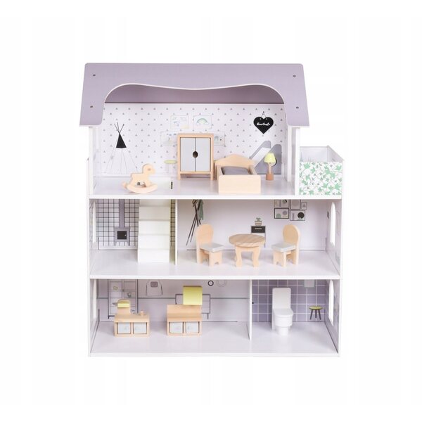 Dollhouse Montessori Baby Mix in Legno con 10 Accessori, Design Rosa Pastello