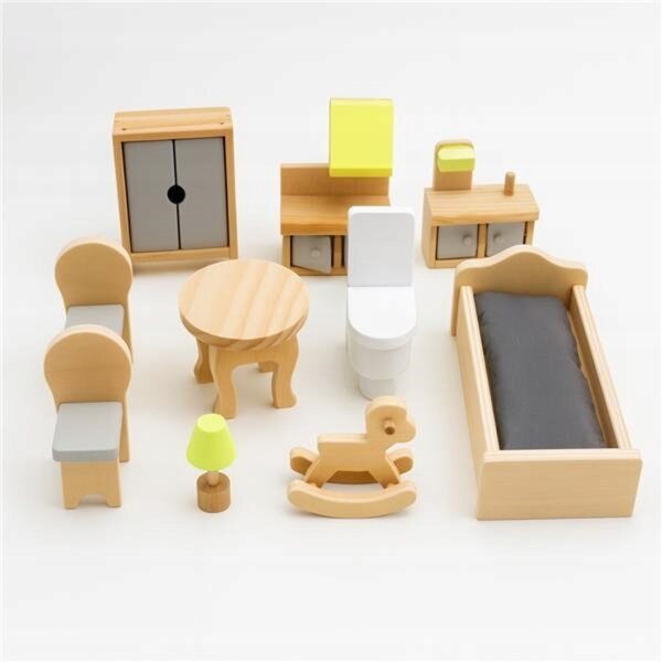 Dollhouse Montessori Baby Mix in Legno con 10 Accessori, Design Rosa Pastello