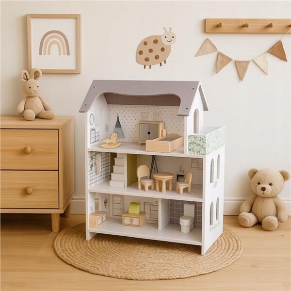 Dollhouse Montessori Baby Mix in Legno con 10 Accessori, Design Rosa Pastello