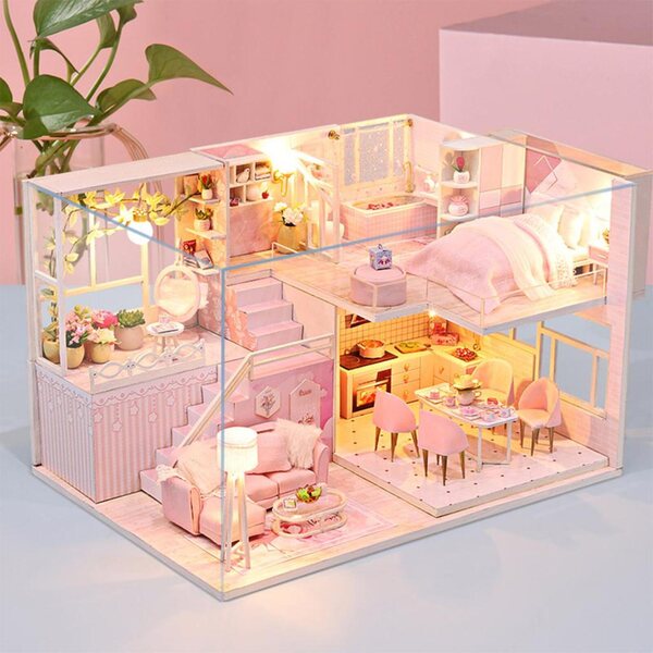 Dollhouse in Legno con LED e Mobili - Set 3D fai da te Rosa 28x19x16,5 cm