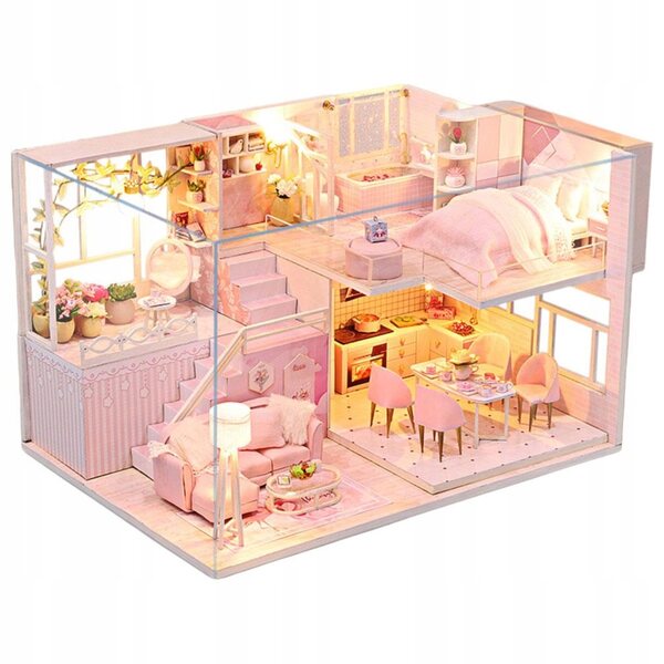 Dollhouse in Legno con LED e Mobili - Set 3D fai da te Rosa 28x19x16,5 cm