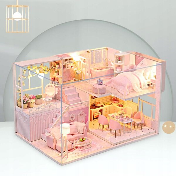 Dollhouse in Legno con LED e Mobili - Set 3D fai da te Rosa 28x19x16,5 cm