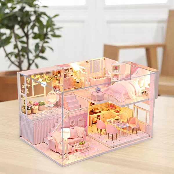 Dollhouse in Legno con LED e Mobili - Set 3D fai da te Rosa 28x19x16,5 cm