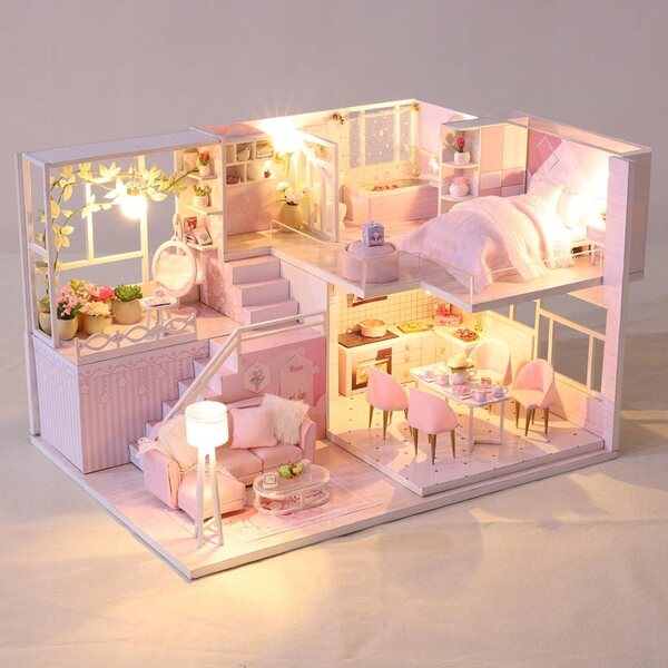 Dollhouse in Legno con LED e Mobili - Set 3D fai da te Rosa 28x19x16,5 cm