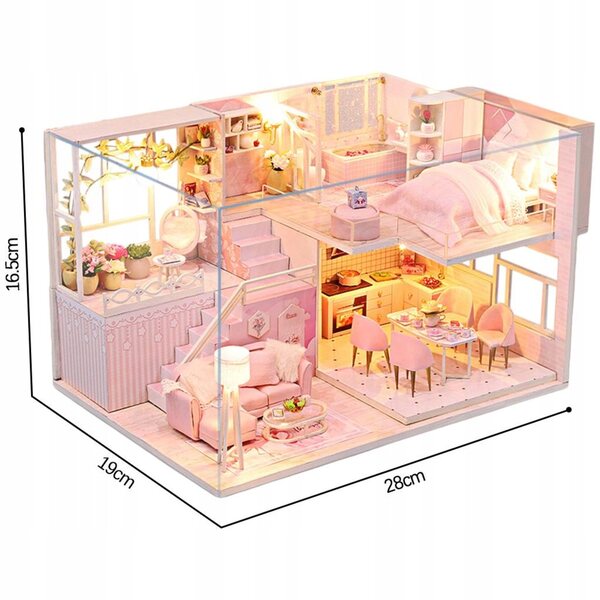 Dollhouse in Legno con LED e Mobili - Set 3D fai da te Rosa 28x19x16,5 cm