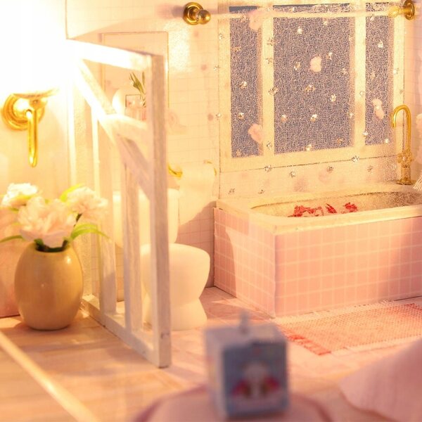 Dollhouse in Legno con LED e Mobili - Set 3D fai da te Rosa 28x19x16,5 cm