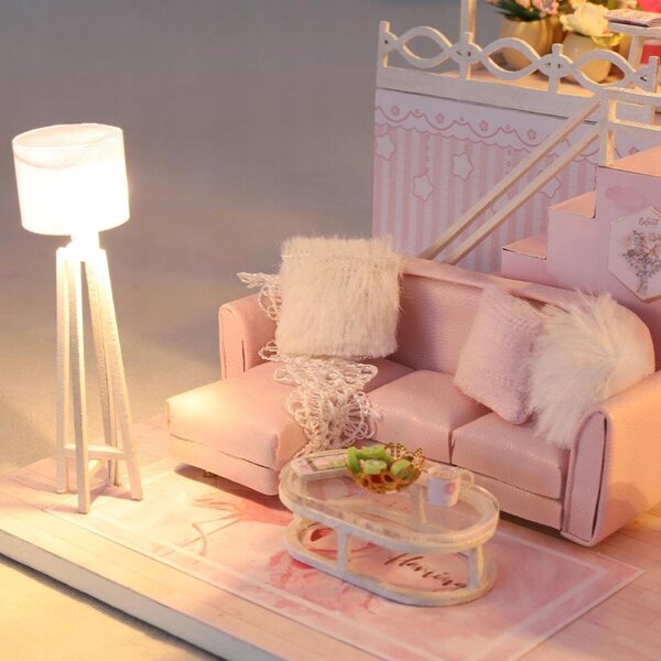 Dollhouse in Legno con LED e Mobili - Set 3D fai da te Rosa 28x19x16,5 cm