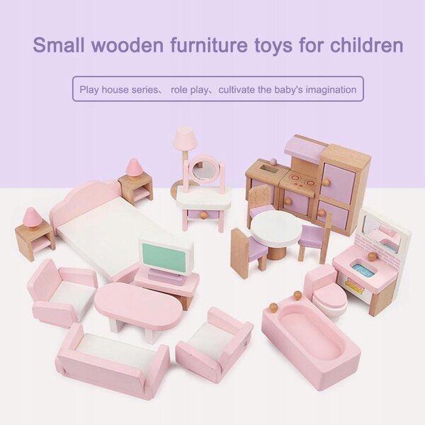 Set 22 Pezzi Mobili Miniatura in Legno per Casa delle Bambole, Gioco Educativo