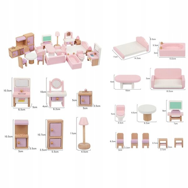 Set 22 Pezzi Mobili Miniatura in Legno per Casa delle Bambole, Gioco Educativo