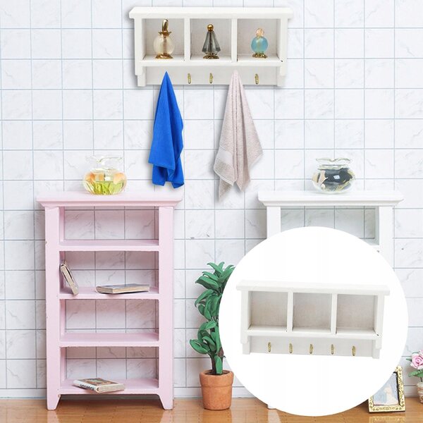 Miniatur-Holzregal 1:12 für Puppenhaus mit 3 Fächern und 5 Haken