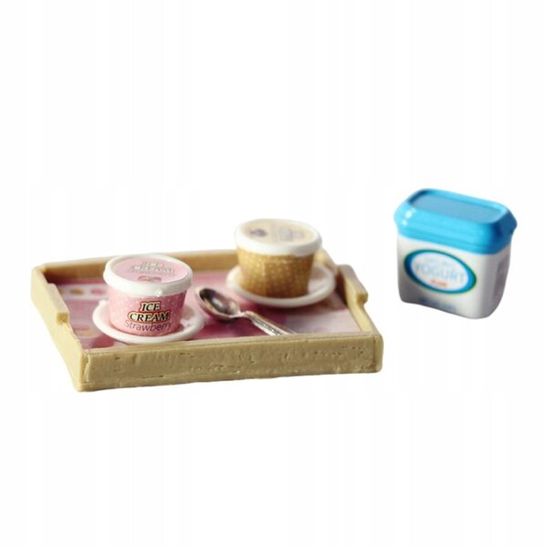 Miniaturtablett mit Eis und Joghurt für Puppenhaus 1:12 aus Harz