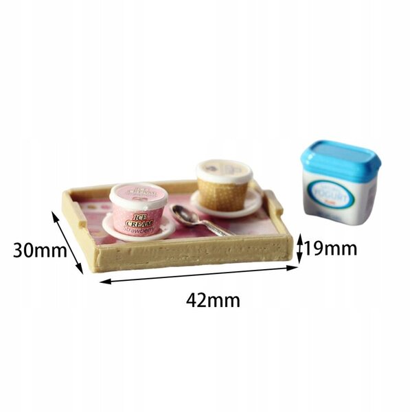 Miniaturtablett mit Eis und Joghurt für Puppenhaus 1:12 aus Harz