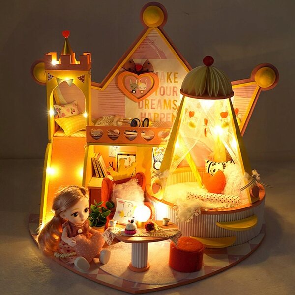 Casa delle bambole in legno DIY con luce LED e musica, kit da assemblare 40x33x36 cm