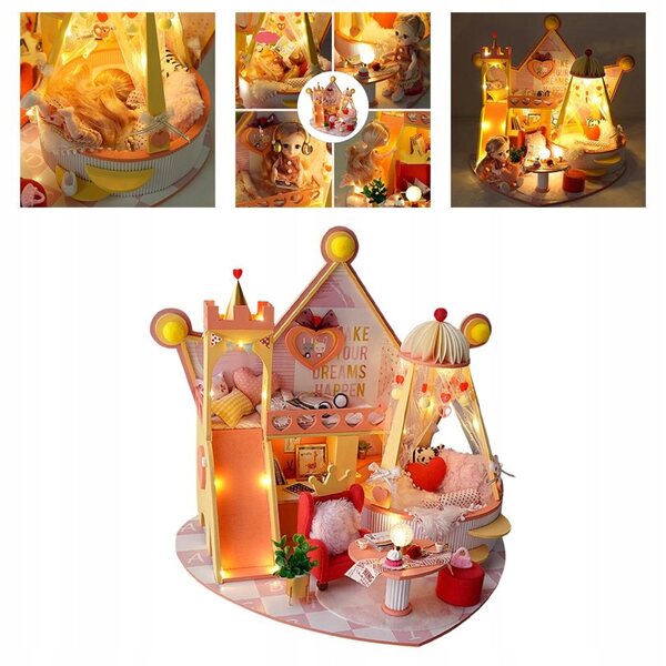Casa delle bambole in legno DIY con luce LED e musica, kit da assemblare 40x33x36 cm