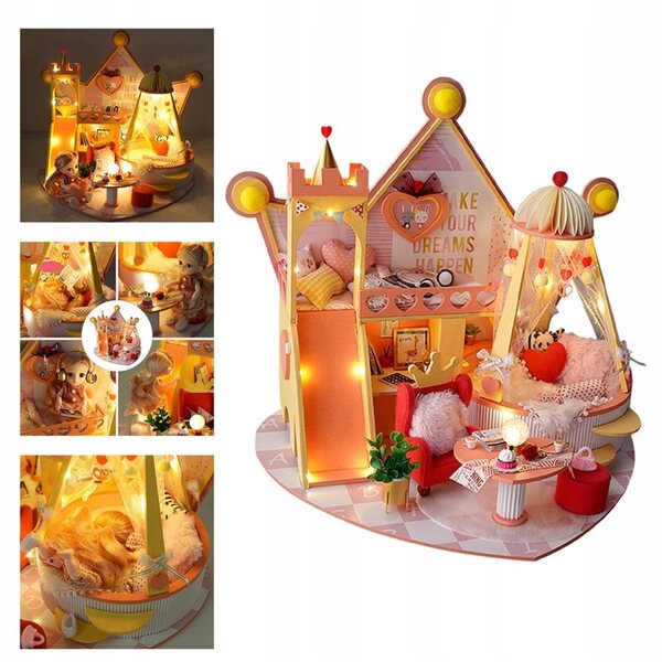 Casa delle bambole in legno DIY con luce LED e musica, kit da assemblare 40x33x36 cm