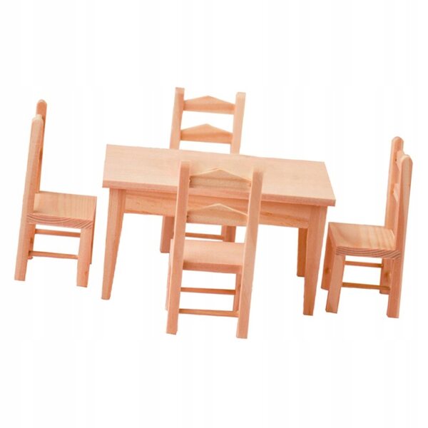 Ensemble miniature de table en bois et 4 chaises pour maison de poupées 1:12