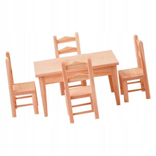 Ensemble miniature de table en bois et 4 chaises pour maison de poupées 1:12