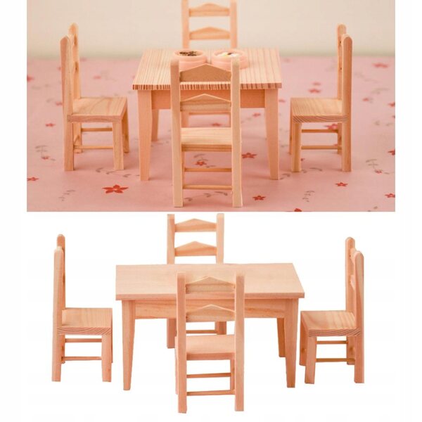Ensemble miniature de table en bois et 4 chaises pour maison de poupées 1:12