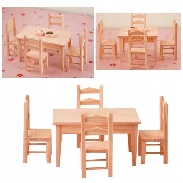 Ensemble miniature de table en bois et 4 chaises pour maison de poupées 1:12