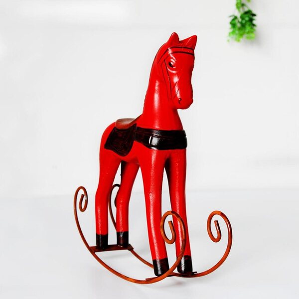 Mini Cavallo a Dondolo in Legno Rosso Decorazione per Scrivania 23,5 cm