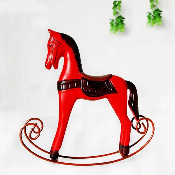 Mini Cavallo a Dondolo in Legno Rosso Decorazione per Scrivania 23,5 cm