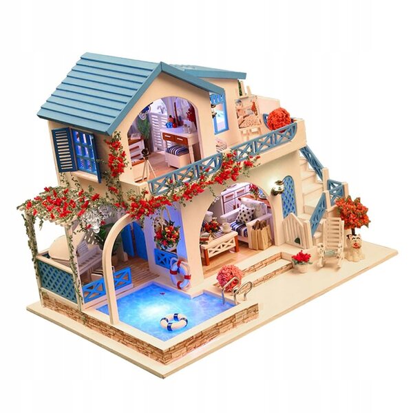 Casa per Bambole in Legno Miniatura DIY con LED e Protezione Antipolvere 29x20x22 cm