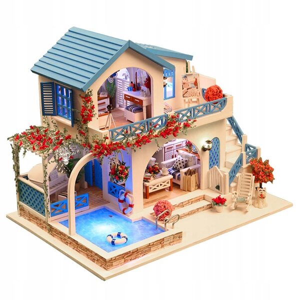 Casa per Bambole in Legno Miniatura DIY con LED e Protezione Antipolvere 29x20x22 cm