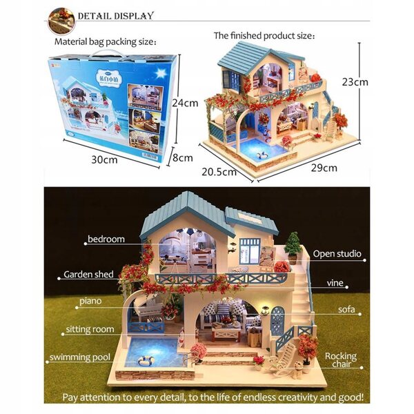 Casa per Bambole in Legno Miniatura DIY con LED e Protezione Antipolvere 29x20x22 cm