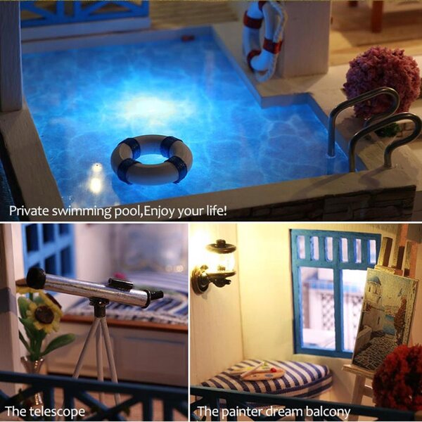 Casa per Bambole in Legno Miniatura DIY con LED e Protezione Antipolvere 29x20x22 cm
