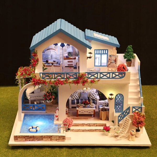 Casa per Bambole in Legno Miniatura DIY con LED e Protezione Antipolvere 29x20x22 cm